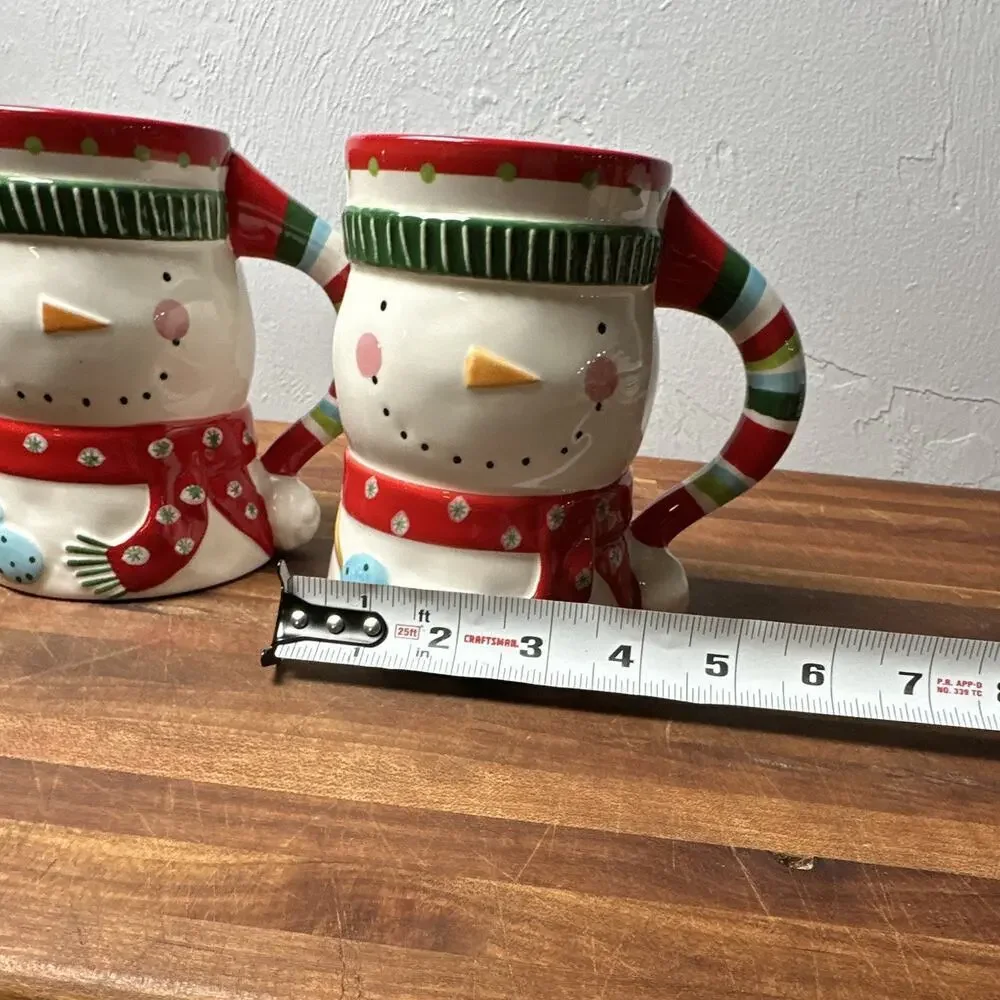 Pier 1 Hand-Painted Ceramic Snowman Christmas Mugs Set of 2, 6in MPN 2700247